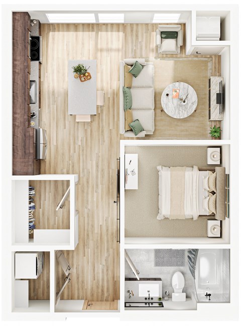 a stylized floor plan of a bedroom with a bathroom and a living room at The Mera, St Louis Park Minnesota